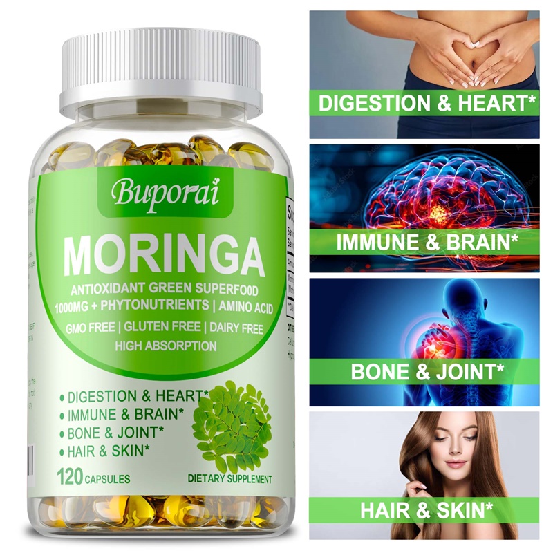 Moringa Leaf Powder - モリンガカプセル - 代謝を促進し、損傷した細胞の修復をサポートし、気分を改善し、エネルギーと免疫システムを強化します。